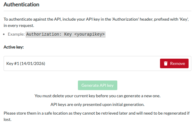Existing API key screenshot