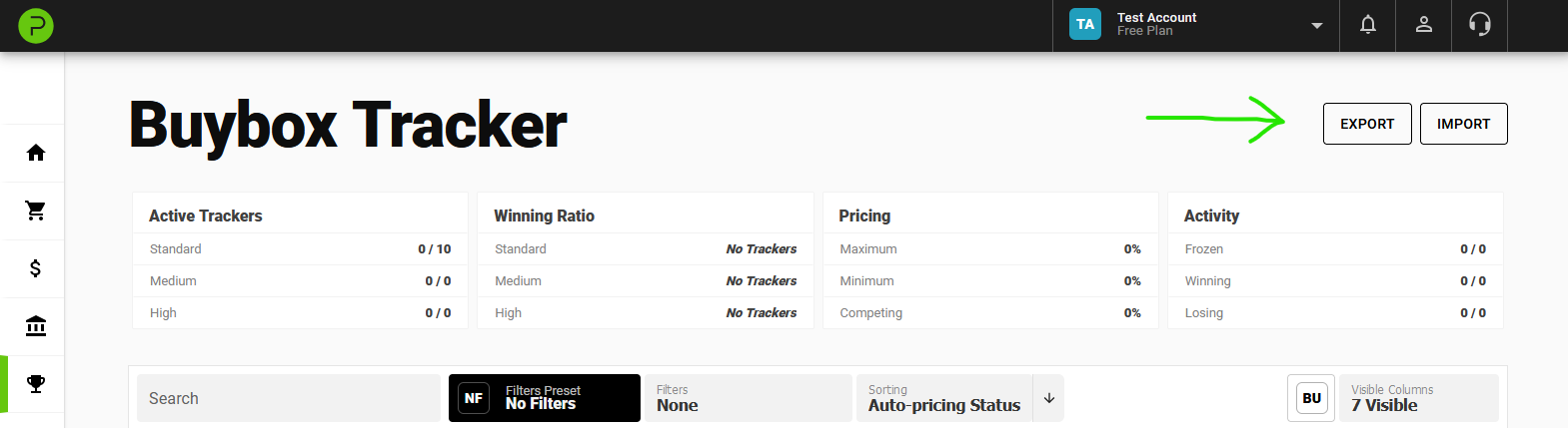 Export and Import on the Buybox Tracker page