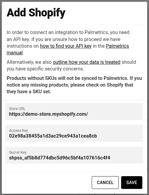 Palmetrics Shopify settings